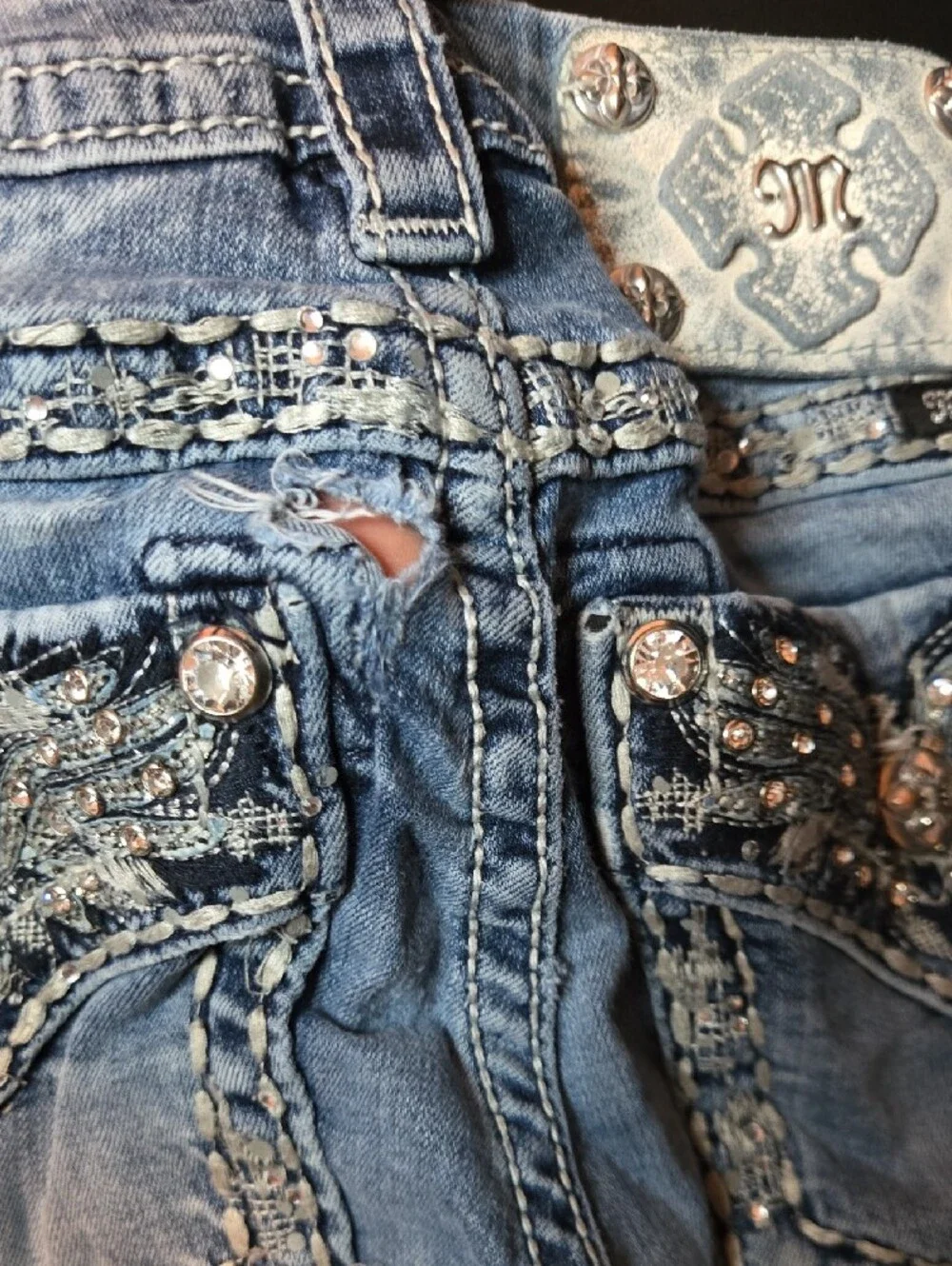 Miss Me Light Blue Skinny Jeans with Embellished Wing Back Pocket - Picture 14 of 15